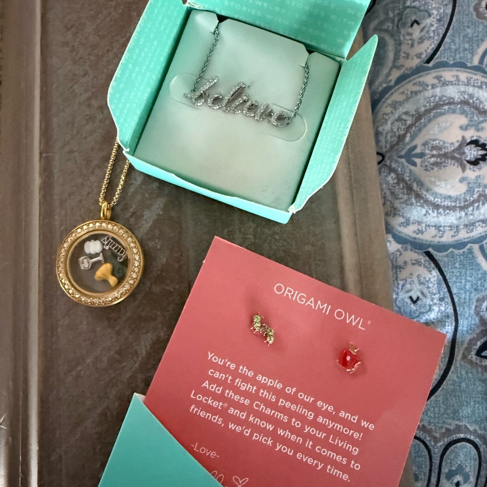 Origami Owl Gold Locket and Silver 'Believe' Necklace